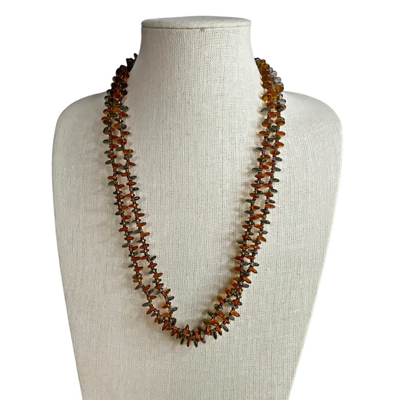 Vintage West Germany Double Strand Necklace Amber tone & Gray Glass Beads 24 In - Picture 2 of 9
